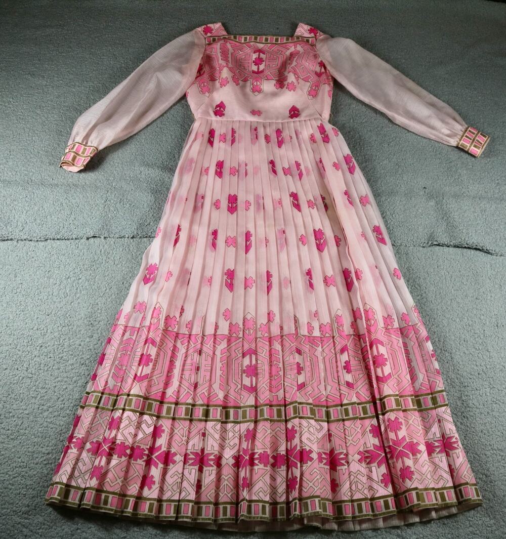 Vintage Alfred Shaheen Dress 10 Pink Geometric Print  Maxi 70s Fairy core Whimsy